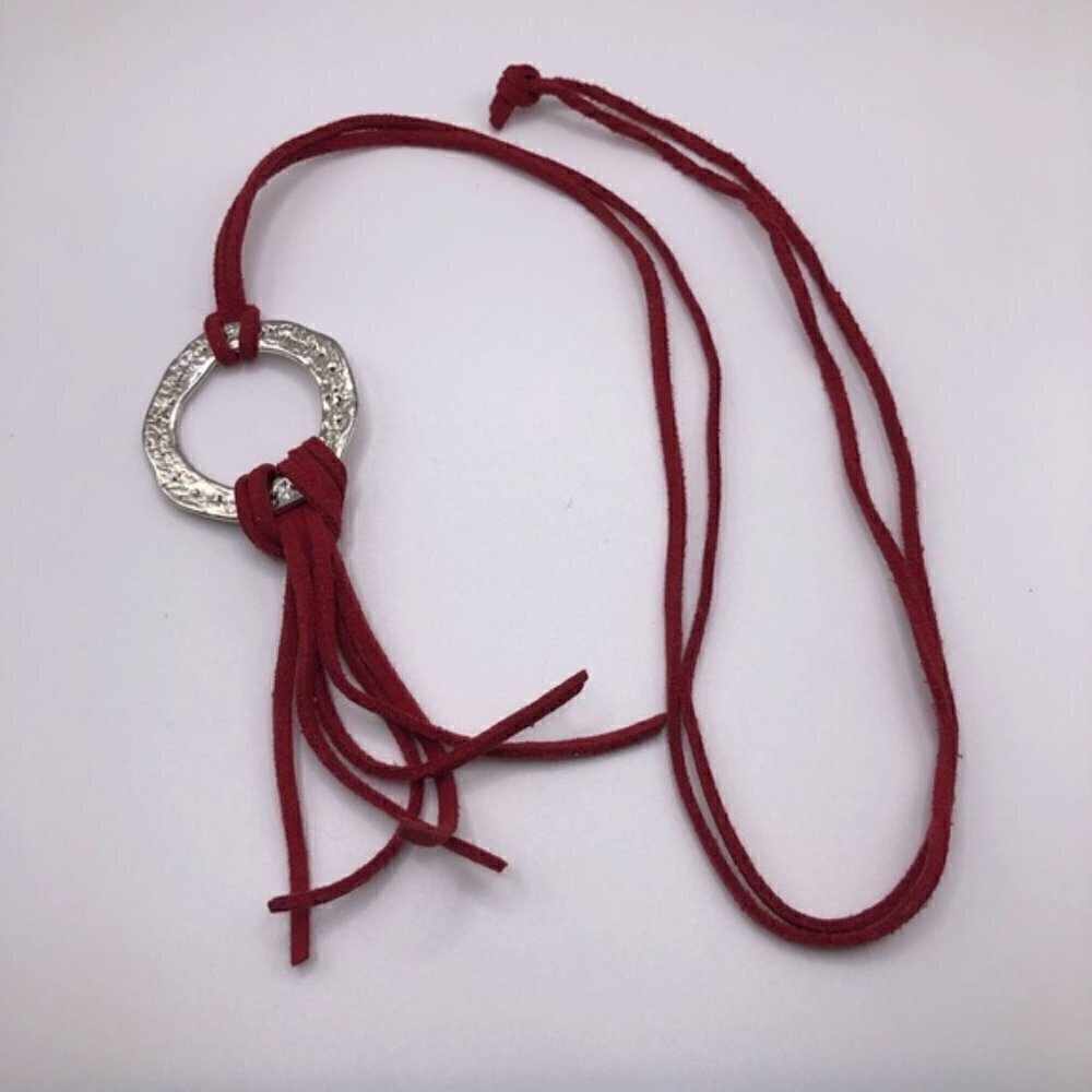 Boho‎ Red Tassel Silver Circle Necklace 24”
